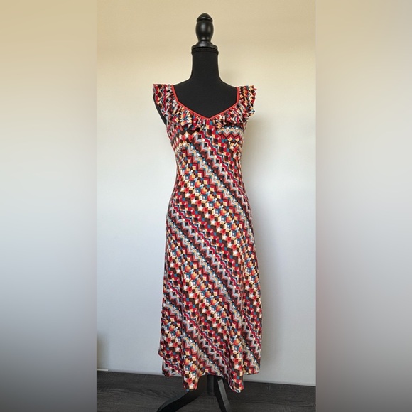 Vintage Midi Dress Hot Kiss Retro Psychedelic Heart Print With Ruffle Straps M - Picture 1 of 14